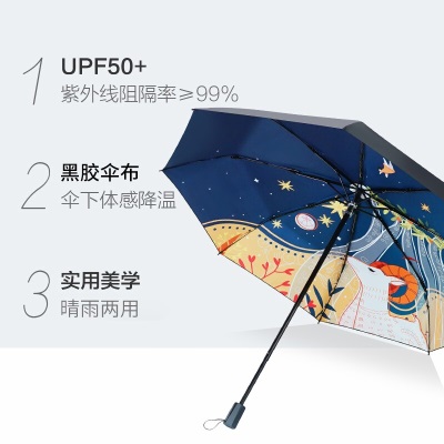 红叶（Hong Ye）遮阳伞三折叠防晒伞upf50+晴雨两用黑胶防紫外线太阳伞女小黑伞红叶