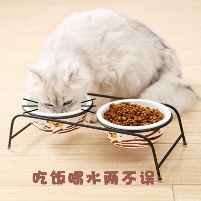 华元宠具（hoopet）猫碗双碗猫食盆陶瓷狗碗猫盆猫粮碗不锈钢猫饭盆水盆宠物碗猫粮盆s514