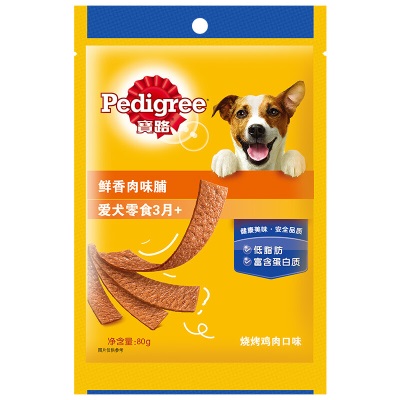 宝路狗粮宠物狗零食通用犬泰迪茶杯犬柯基烧烤鸡肉味肉脯80g单包装s519