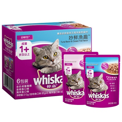 伟嘉猫零食成猫渔趣妙鲜包六联包85g*6（金枪鱼+海洋鱼）猫湿粮软包s519