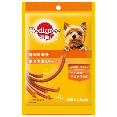 宝路狗粮宠物狗零食通用犬泰迪茶杯犬柯基烟熏鱼味肉条80g*12整盒装s519