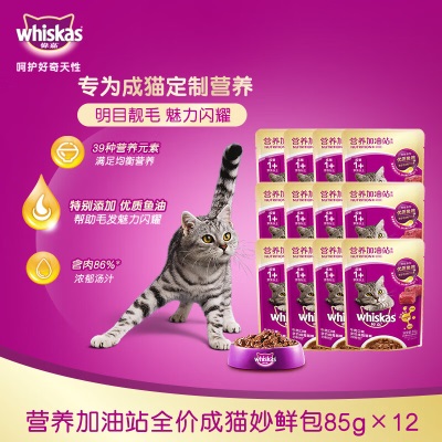 伟嘉猫零食成猫全价妙鲜包营养加油站系列牛肉味85g*12整盒装s519
