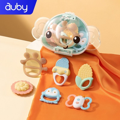 澳贝（auby）婴幼儿童玩具新生儿用品0-6个月安抚防吃手摇铃硅胶牙胶6件收纳盒s534