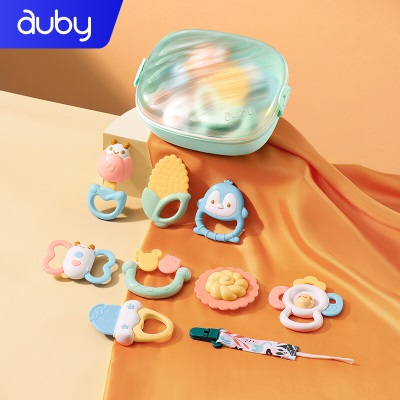 澳贝（auby）婴幼儿童牙胶玩具宝宝新生儿用品0-6个月手摇铃8pcs收纳盒+防丢绳s534