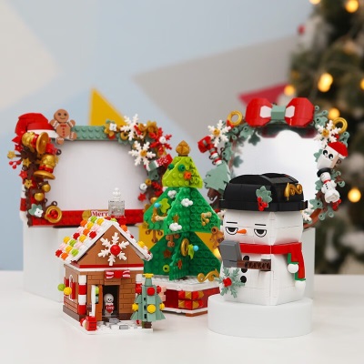 JAKi圣诞积木玩具圣诞树装饰雪人小屋镜子相框男女孩儿童圣诞节礼物s538
