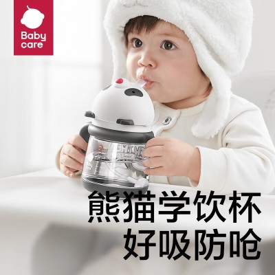 babycare熊猫杯宝宝水杯300ml6个月以上婴儿儿童吸管杯 300mL-季风灰s548
